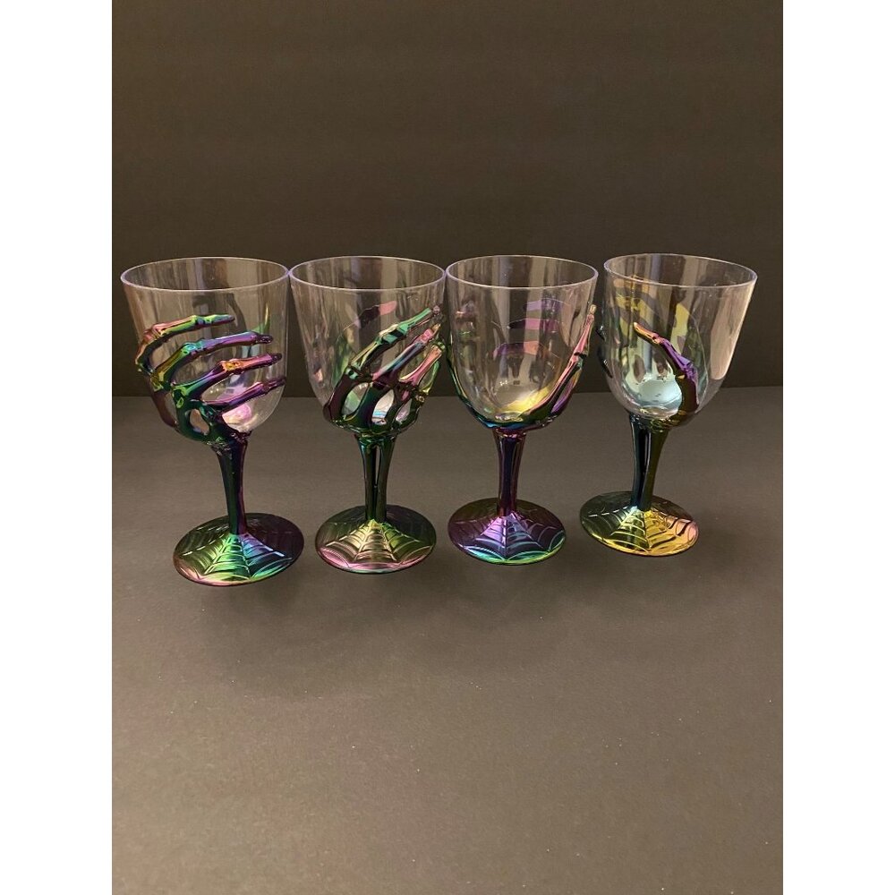 Set Of 4 Multicolored 3D Skeleton Hand Plastic Goblets with Spider Web Base - Picture 6 of 6